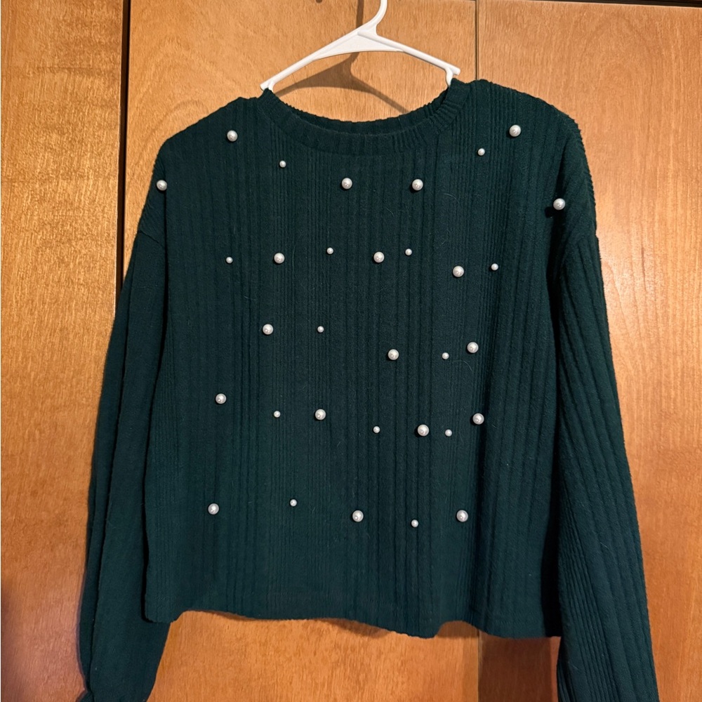 Shein Green Sweater with Pearl Accents